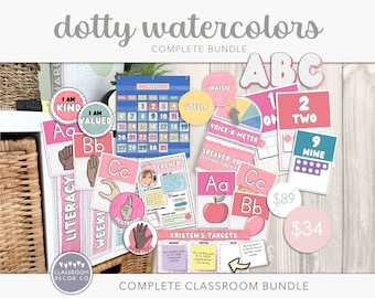 DOTTY WATERCOLOR Complete Bundle, Classroom Labels, Custom Classroom Displays, Spotty Classroom Decor, Bright Rainbow Classroom Decor