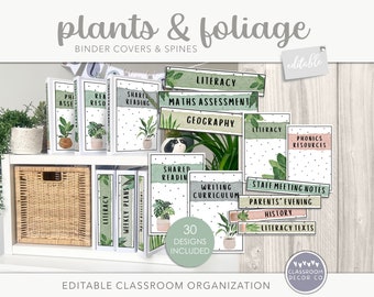 May include: Thirty editable binder covers and spines with a green and white foliage theme. The covers feature a variety of classroom subjects, including literacy, math, geography, phonics, writing, staff meeting notes, parents' evening, history, and literacy texts.