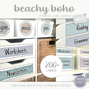 May include: A set of printable storage labels for a classroom. The labels feature a beachy boho theme with a light blue and grey colour scheme. The labels are editable and include text such as "crayons", "pencils", "pens", "worksheets", "newsletters", "reading", "grammar", "homework", and "literacy".