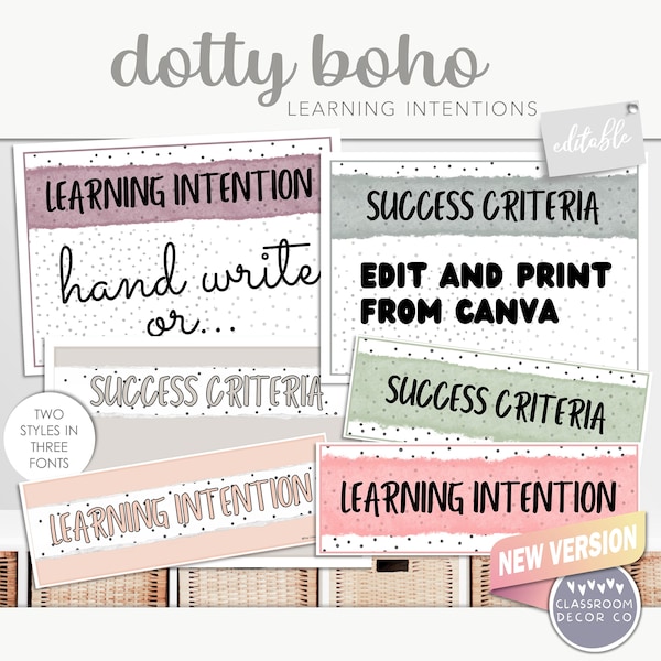 DOTTY BOHO Learning Intention Posters, Learning Objectives, Success Criteria Posters, Neutral Classroom Decor, Boho Classroom Decor