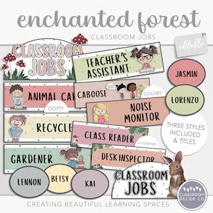 Empregos em sala de aula da ENCHANTED FOREST, exibição de empregos em sala de aula editáveis, decoração rústica de estilo boho da floresta, recursos de aprendizagem de quadro de avisos natural