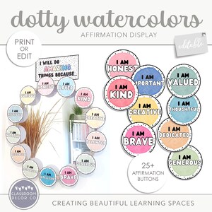 May include: A set of 25+ colourful affirmation buttons with watercolour-style designs. Each button features a positive affirmation such as "I am kind" or "I am brave" and is ideal for creating a positive classroom environment.