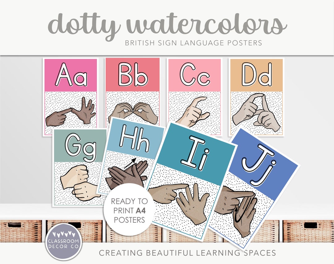 DOTTY WATERCOLOR BSL Sign Language Posters, British Sign Language ...