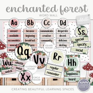 Puede incluir: Un conjunto de carteles de alfabeto imprimibles con palabras para un aula con temática de bosque encantado. Los carteles presentan una variedad de criaturas y plantas del bosque, incluidos hongos, hojas y flores. Las letras están en una fuente caprichosa y están rodeadas de un fondo de lunares.