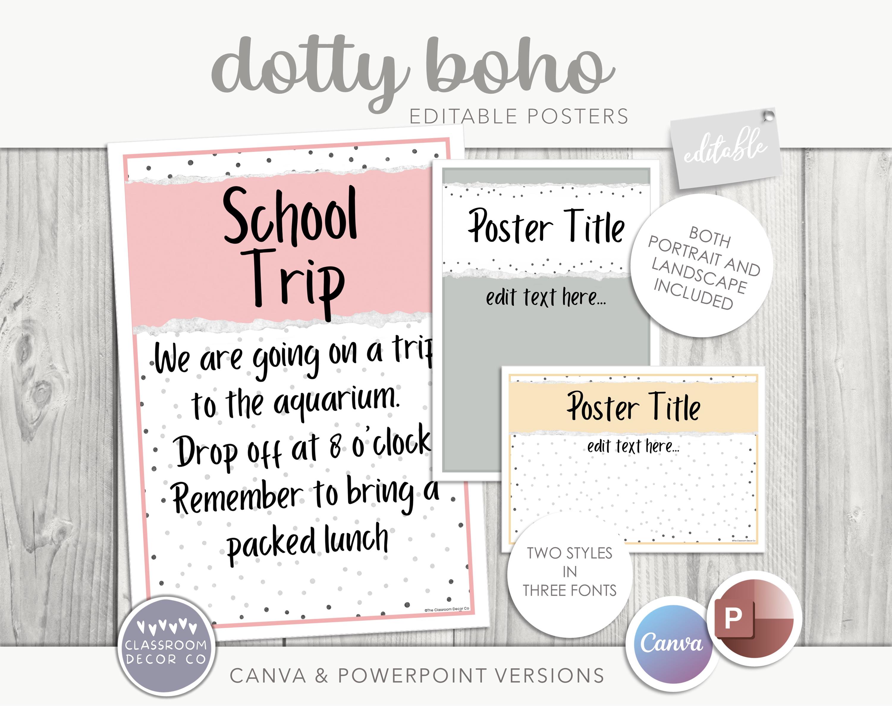 DOTTY BOHO bearbeitbare Klassenzimmerposter, anpassbare Anzeige, Klassenzimmerausdrucke, neutrales Klassenzimmerdekor, Boho-Klassenzimmerdekor