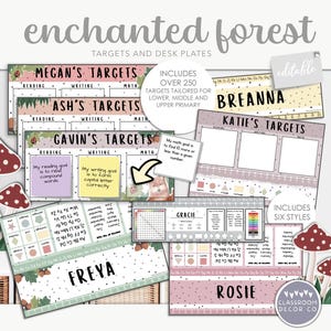 May include: Editable classroom targets and desk plates with an enchanted forest theme. The plates feature a variety of colors, including pink, green, and brown. The plates are decorated with mushrooms, leaves, and other forest elements. The text on the plates includes the words "Megan's Targets", "Ash's Targets", "Gavin's Targets", "Breanna", "Katie's Targets", "Freya", "Gracie", and "Rosie".