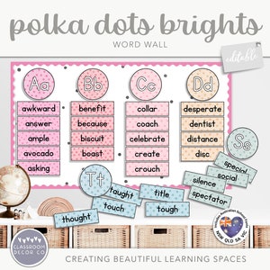 POLKA DOTS ‘BRIGHTS’ Word Wall, Editable Vocabulary Display, Editable Class Word Display, Rainbow Classroom Decor, Bright Dotty Class Decor
