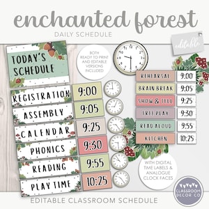 Op de afbeelding: Bewerkbaar klasrooster met een sprookjesachtig bos-thema. Het rooster bevat een titelkaart met de tekst "Vandaag's rooster" en een set kleurrijke kaarten met tijden en activiteiten zoals "Registratie", "Vergadering", "Kalender", "Foniek", "Lezen" en "Speeltijd".