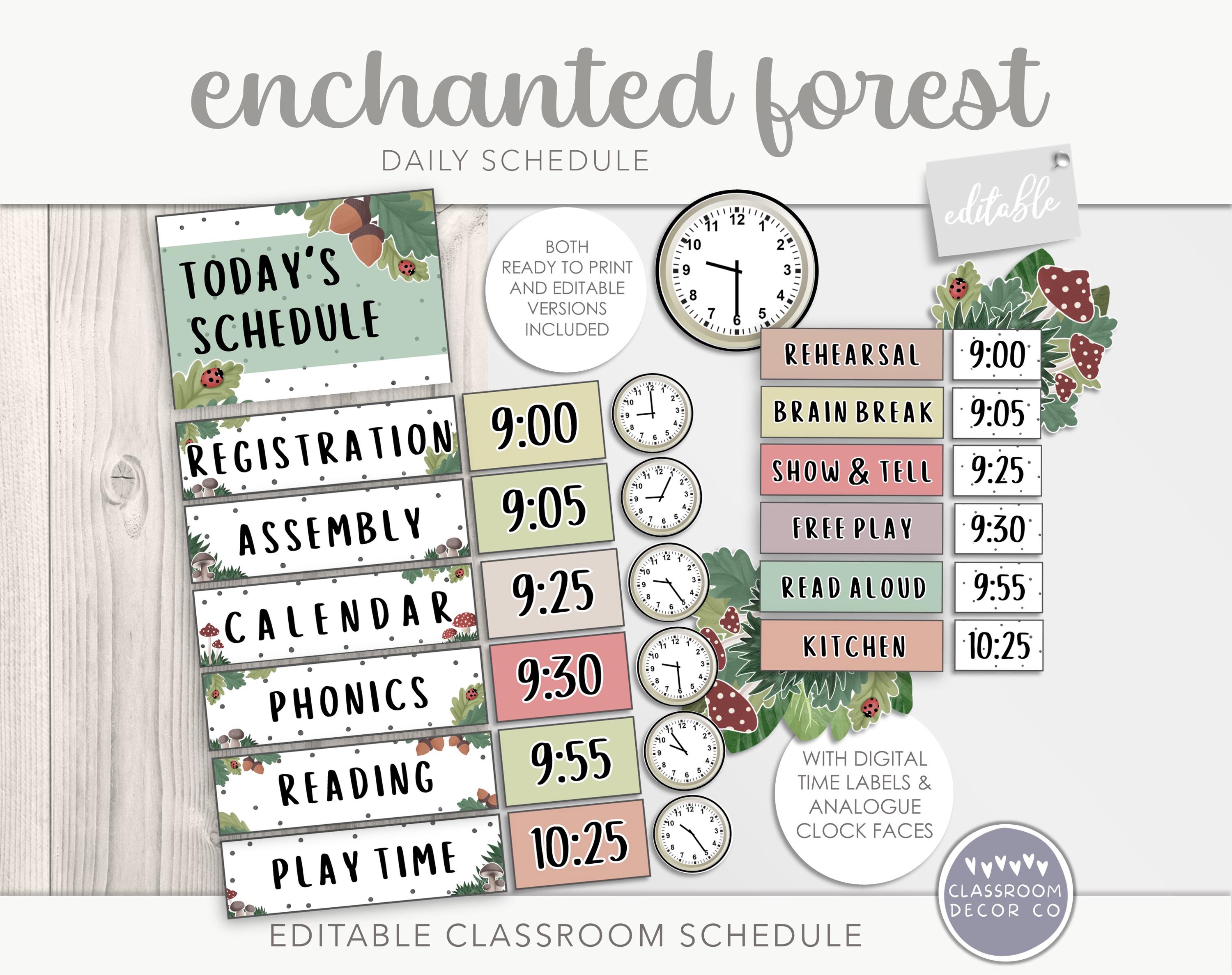 ENCHANTED FOREST Daily Schedule, Classroom Timetable Display Organizer, Rustic Woodland Boho Farmhouse Class Decor