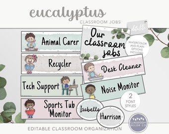 May include: Editable classroom job chart with a eucalyptus theme. The chart includes job titles like Animal Carer, Recycler, Tech Support, Sports Tub Monitor, Desk Cleaner, and Noise Monitor. The chart also includes two editable name tags.