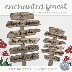 May include: An "Enchanted Forest" themed sign with editable driftwood design. The sign features text such as "Our Favorite Stories", "The Gruffalo", and "Charlotte's Web". Decorative red and white mushroom cutouts are also included.