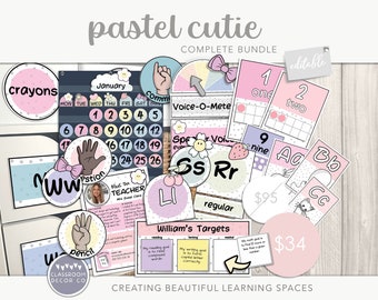 PASTEL CUTIE Complete klasdisplaybundel, aanpasbare display, Spotty Class afdrukbaar decor, Dotty Pastel Rainbow schooldecoraties