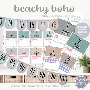 May include: A set of colorful number posters with a beachy boho theme. The posters feature numbers 1-10 with corresponding images and text. The set also includes a number bunting with numbers 0-100.