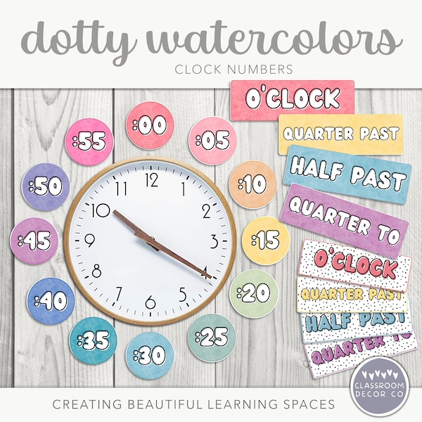 DOTTY WATERCOLOR Clock Numbers, Clock Printables, Classroom Printables, Bright Rainbow Classroom Decor, Modern Dotty Class Decor