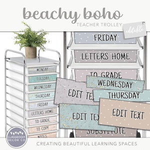 BEACHY BOHO etiketten lerarenkar, 10 laden rollende kar labelbundel, neutraal klaslokaal display decor, decor kustklas