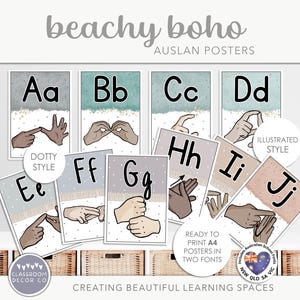 Puede incluir: Un conjunto de 10 carteles imprimibles que presentan las letras del alfabeto en Auslan (Lenguaje de Señas Australiano). Los carteles están en un estilo boho playero con un esquema de color azul claro, gris y beige. Cada cartel presenta una letra diferente del alfabeto y una ilustración de señas con la mano. Los carteles están listos para imprimir en dos fuentes.