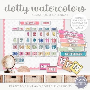 DOTTY WATERCOLOR Classroom Calendar, Bright Rainbow Classroom Calendar Display, Bright Dotty Classroom Decor, Modern Classroom Display