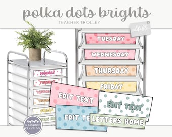 Etichette per carrello per insegnanti "BRIGHTS" a POIS, pacchetto di etichette per carrello con rotelle a 10 cassetti, decorazione per esposizione in classe arcobaleno luminoso, decorazione per classe Dotty