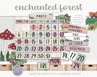 ENCHANTED FOREST Classroom Calendar, Rustic Woodland Fairy Garden Display, Bulletin Board School Schedule, Modern Greenery Boho Plants