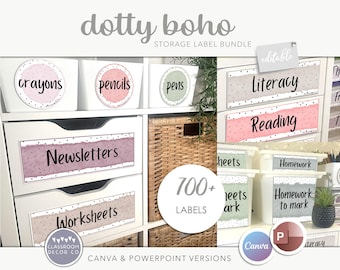 DOTTY BOHO Klassenzimmer-Aufbewahrungs-Label-Bundle, neutrales Klassenzimmer-Dekor-Display, natürliches Boho-Klassenzimmer