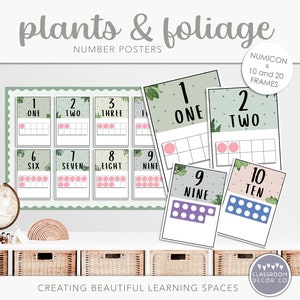 PLANTAS Y FOLLAJE Carteles de números, Carteles de números de decenas de marcos, Exhibición de Numicon, Carteles de matemáticas, Decoración de plantas modernas, Aula Boho