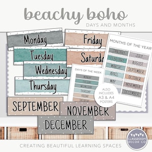 Puede incluir: Un conjunto de decoración de aula imprimible que presenta los días de la semana y los meses del año. El diseño es de estilo boho playero con fondos tipo acuarela en tonos azules, grises y beige con lunares blancos. El texto está en negro.