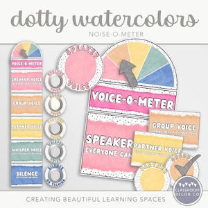 DOTTY WATERCOLOR Noise-O-Meter, Voice Levels Display, Noise Levels Display, Classroom Printables, Bright Rainbow Classroom Decor