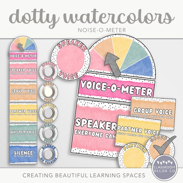 DOTTY WATERCOLOR Noise-O-Meter, Pantalla de niveles de voz, Pantalla de niveles de ruido, Imprimibles en el aula, Decoración brillante del aula del arco iris