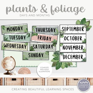 PLANTAS Y FOLLAJE Visualización de días y meses, Visualización de días de la semana, Visualización de meses del año, Decoración moderna del aula de plantas Boho