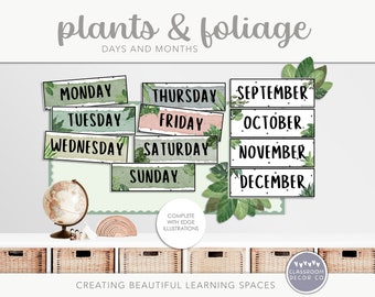 PLANTS & FOLIAGE Days and Months Display, Days of the Week Display, Months of the Year Display, Modern Boho Plants Classroom Decor
