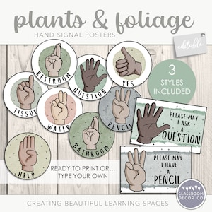 PLANTS & FOLIAGE Hand Signal Posters, Editable Classroom Communication, Modern Learning Resources, Modern Boho Plants Class Decor