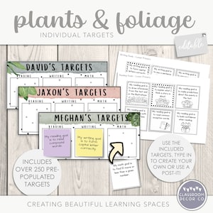 May include: Printable classroom decor with a plants and foliage theme. The image shows three editable student target boards with the names David, Jaxon, and Meghan. Each board has sections for reading, writing, and math goals. The image also includes a set of pre-populated target cards with examples of reading, writing, and math goals.