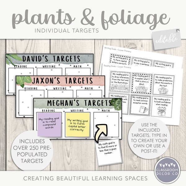 PLANTS & FOLIAGE Individual Target Desk Plates, Target Tracker, Steps to Success Desk Plates, Modern Plants Classroom Display Decor