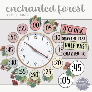 Puede incluir: Un conjunto de ayudas didácticas coloridas para la enseñanza de la hora con un tema de bosque. El conjunto incluye una esfera de reloj, un conjunto de números y tarjetas con frases como "cuarto pasado" y "media pasada".