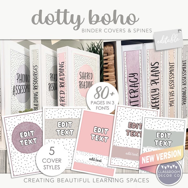 DOTTY BOHO Binder Covers and Spines, Boho Classroom Folder Labels & Inserts, Neutral Classroom Decor Display, Natural Boho Classroom