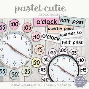 May include: Pastel colored clock face with numbers 0-12 and hands.  Surrounding the clock are pastel colored circles with numbers 00, 05, 10, 15, 20, 25, 30, 35, 40, 45, 50, and 55.  There are also pastel colored rectangular labels with the words 'o'clock', 'half past', 'quarter past', and 'quarter to'.