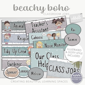 Op de afbeelding: Een set printbare klaswerkkaarten met een beachy boho-thema. De kaarten bevatten illustraties van kinderen en tekst zoals "Assistent van de leraar", "Geluidmonitor", "Onze klashelpers" en "Klaswerk".