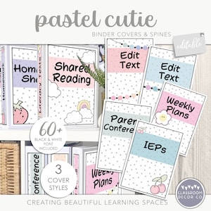 May include: Pastel pink, blue, and gray binder covers with polka dots and cute illustrations. The covers feature text such as "Shared Reading", "Weekly Plans", "Parent Conference", and "IEPs". The text "60+ Black & White Font Included" and "3 Cover Styles" are also visible.