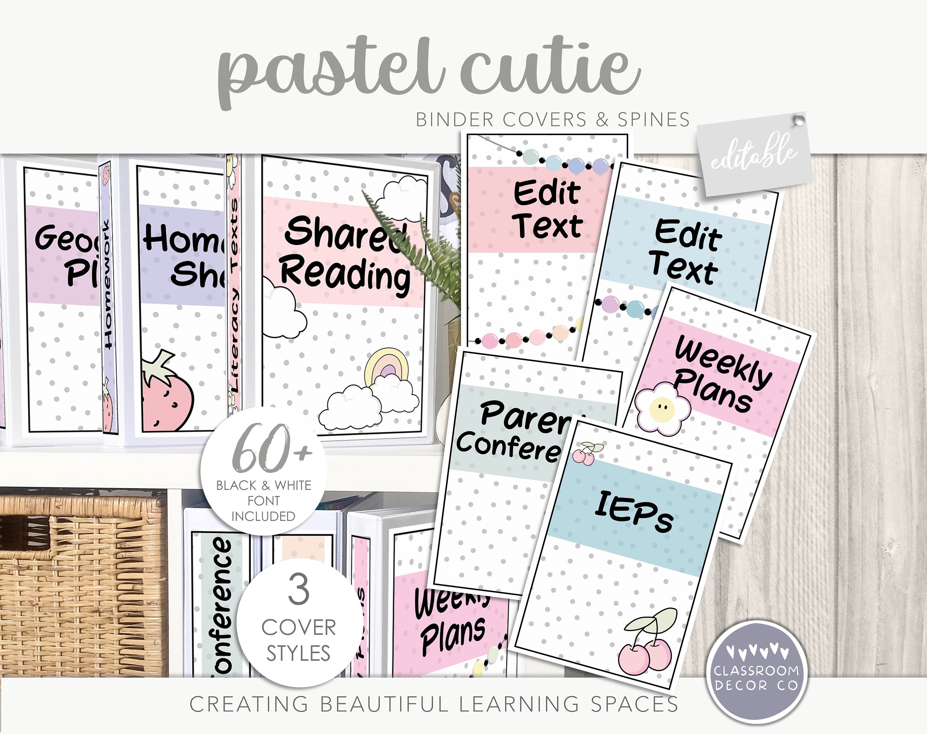 PASTEL CUTIE Binder Covers and Spines, Folder Filing Inserts, Classroom ...