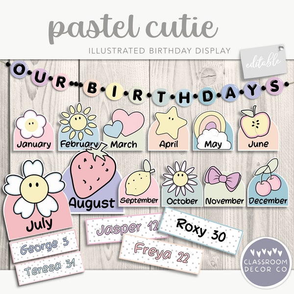 PASTEL CUTIE Illustrated Birthday Display, Celebration Classroom Display, Muted Pastel Classroom Decor, Sweet Pastel Class Decor