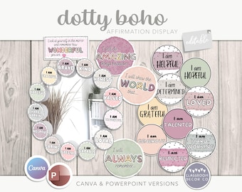 Espositore per affermazioni DOTTY BOHO, modificabile, decorazione neutra per l'aula, aula positiva, autostima in classe, aula boho