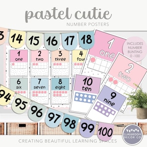 May include: Pastel colored number posters with a ten frame for each number from one to ten. The posters are decorated with white polka dots. A banner with pastel colored flags with numbers from two to one hundred is displayed above the posters. The text "pastel cutie" and "NUMBER POSTERS" is displayed at the top of the image. The text "INCLUDES NUMBER BUNTING 0-100" is displayed in the top right corner of the image.