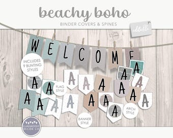 BEACHY BOHO Flag Bunting, Custom Classroom Display, Header Display, Customizable Bulletin Board Lettering, Editable Titles, Coastal Decor