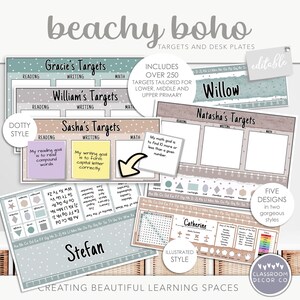 May include: A set of editable classroom targets and desk plates in a beachy boho theme. The targets are designed for lower, middle, and upper primary students. The plates feature a variety of designs, including a dotty style and an illustrated style. The plates are personalised with names like Gracie, William, Sasha, Natasha, Stefan, and Catherine. The plates include a variety of academic subjects, including reading, writing, and maths.
