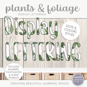 Puede incluir: Letras de visualización con un diseño de follaje verde. Las letras están delineadas en negro y tienen puntos blancos en el interior. El texto "Display Lettering" está en la parte superior de la imagen. El texto "Dots & Colors Styles" está en un círculo en la parte superior derecha de la imagen. El texto "Includes Numbers, Punctuation & Maths Symbols" está en un círculo en la parte inferior izquierda de la imagen. El texto "Classroom Decor Co" está en un círculo en la parte inferior derecha de la imagen. El texto "Creating Beautiful Learning Spaces" está en la parte inferior central de la imagen.