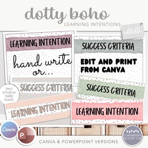 Pósters de intención de aprendizaje DOTTY BOHO, objetivos de aprendizaje, criterios de éxito, decoración neutra para el aula, decoración bohemia para el aula