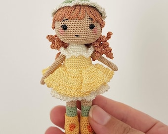 Baby Girl in Yellow Dress Mini Amigurumi Crochet Doll, Organic Doll, Amigurumi Doll, Crochet Art, Tiny Amigurumi Toys, Miniature, Handmade