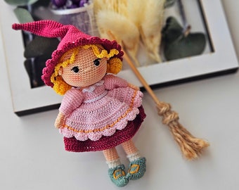Samantha halloween witch with broom miniature amigurumi doll, Crochet Hallowen Girl, Crochet Doll, Christmas decoration, handmade gift