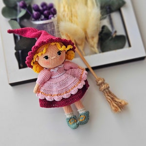 Samantha halloween witch with broom miniature amigurumi doll, Crochet Hallowen Girl, Crochet Doll, Christmas decoration, handmade gift