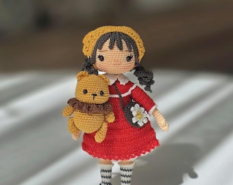 Handmade Amigurumi Jolie Doll with Teddy Bear Crochet Miniature Doll, Collectible Gift for Kids & Adults